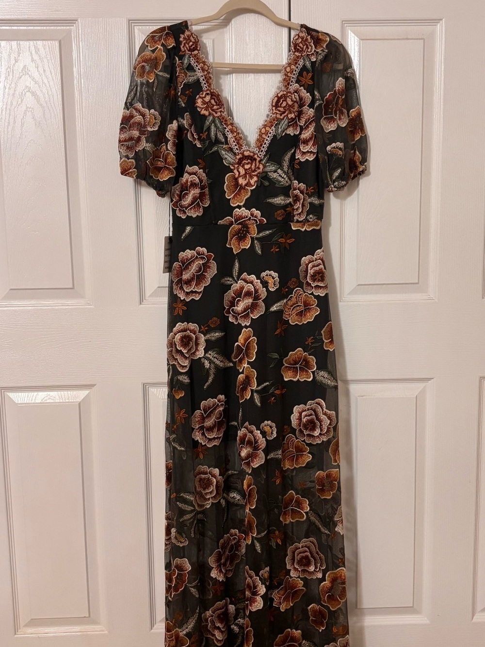 Joyfolie Olive Maxi Dress with Cream Floral Lace Trim